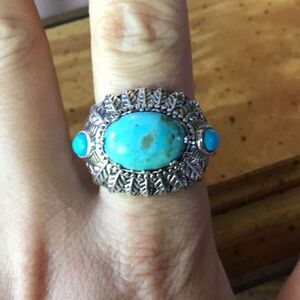 Natural Blue Turquoise Sterling Silver Feather Ring Size 9